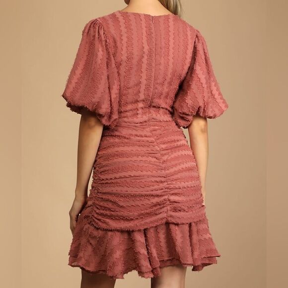 Lulu’s Cherish This Moment Rusty Rose Ruched Asymmetrical Mini Dress XS NWT - Picture 2 of 10